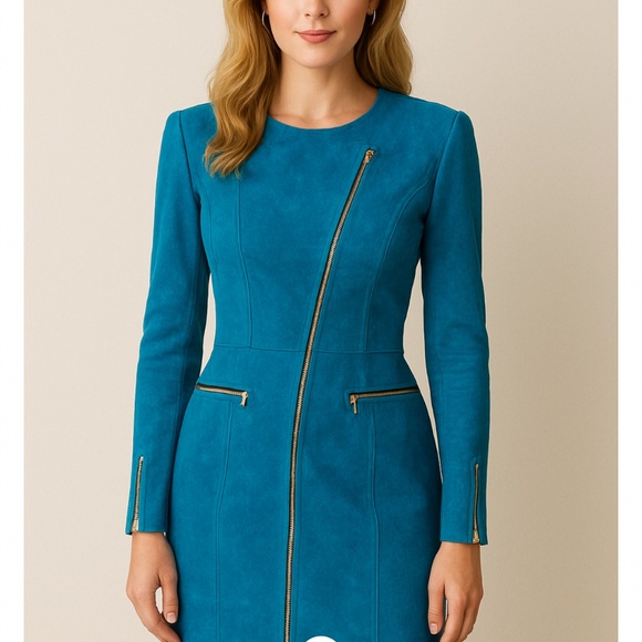 Pia Rucci Vintage 90s Leather Suede Zipper Mini Dress Fitted Crew Neck Blue 8 - Picture 15 of 16